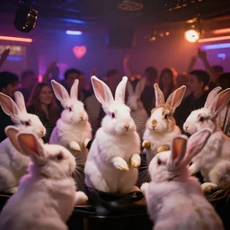 a nightclub full of bunny rabbits partying, hd, 4 k, beautiful lighting, realistic