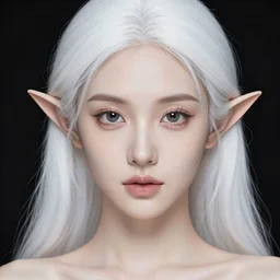 a photorealistic portrait, dark background, stunningly beautiful female fantasy elf, professionally retouched, soft lighting, hyper realistic, smooth face, white skin, beautifully detailed eyes, white long hair, wide angle, sharp focus on the eyes, 8 k high definition, 6 4 megapixels, insanely detailed, sexy, elegant, gorgeous