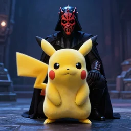Film still of Pikachu as Darth Maul  from the movie Star Wars the phantom menace. Photographic, photography