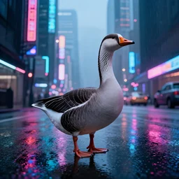 a high quality low wide angle photo of a Greylag Goose on the streets of a cyberpunk city, rainy, reflective ground, neon lights, realism, vaporwave, 8k