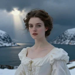queen, norway fjord, close up portrait, hudson river school, max rive, stormy seas, white royal dress, beautiful, bokeh, gentle, female, snowy, storm clouds, god rays, close up portrait, d & d, fantasy, elegant, low key color palette, concept art, roger deakins and greg rutkowski and alphonse mucha