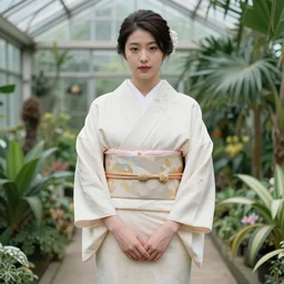 fashion photograph of a beautiful Japanese woman wearing a traditional kimono in a tropical greenhouse, by Annie Leibowitz, by Alessio Albi, extremely detailed, large format camera, Fuji Provia film, bokeh, blurred background, photorealistic, trending on instagram, trending on artstation