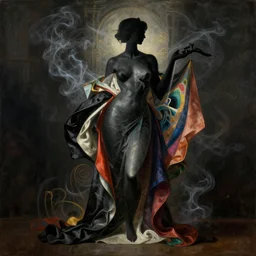 epic concept art. abstract female silhouette mixing with black and color silk blankets. abstract sculpture. art deco swirls. smoke simulation, vfx, cinema 4 d, tyflow. epic masterpiece, michelangelo. 1 7 th century french painting. classicism concept art, matte painting. greg rutkowski, wlop, victo ngai, kandinski