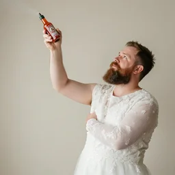 bearded man in a wedding dress squirting a bottle of sriracha