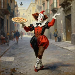 pulcinella dancing in the street of naples with a pizza margherita, painting by silvio fiorillo, from commedia dell'arte
