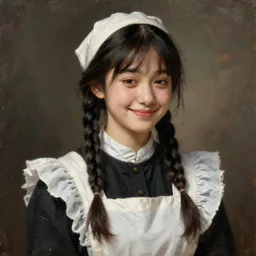 a ((sadly)) (((smiling)))) black haired, young hungarian servantmaid from the 19th century who looks very similar to (((Lee Young Ae))) with a two french braids, detailed, soft focus, realistic oil painting by  Ferenczy Károly, John Everett Millais, Munkácsy, Csók István, and da Vinci