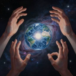 Character portrait, face close up: Demiurge faceless god with four hands, Maker of Worlds.. Unique character. Centered in the scene. In the middle of the Universe.  In the style of Samwise Didier