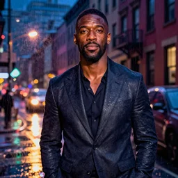 night flash portrait photography of idris elba on a rainy night in the lower east side by annie leibovitz, raining!!!, colorful!!, nighttime!!,