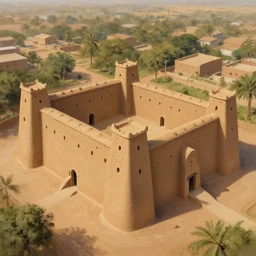 High-quality painting of an old West African castle made of mud bricks, aerial view, very detailed, peaceful, digital art.