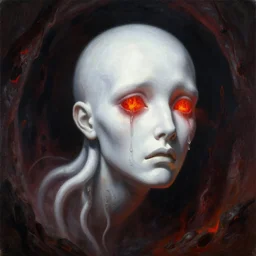 painting by greg rutkowski of a flying sorrowful looking human head with tears running down it's eyes, face that is chalk white in color, with long white tentacles stemming down it's neck, fiery scorching red eyes, flying in a terrying hellish dark cavernous place