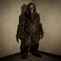 a tall and scary creature covered in fur standing in the corner of a room, eerie, dslr photography, scary, vintage