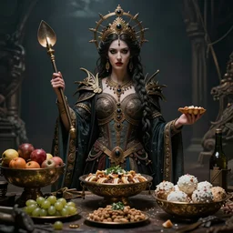 a stunning portrait of the goddess of feast and famine, ominous, cinematic shot, character design, realistic, photography, photorealisic, fantasy, ornate, intricate detail, epic, high definition, 8 k, midjourney, artstation