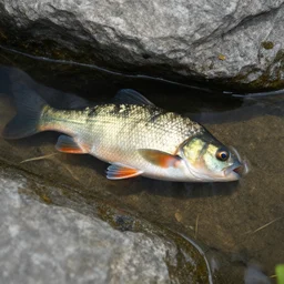 an barely visible tench occluded by a stone