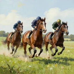 three horses running in a field, by wayne barlowe,