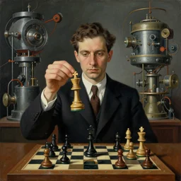 a man holding up a single chess - piece, a surrealist painting by marcel duchamp, complex artificial - intelligence machinery, flickr contest winner, surrealist, studio portrait, 1 9 2 0 s