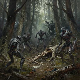 painting of a dead and destroyed forest battleground with evil androids lurking around, fine details, magali villeneuve, artgerm, rutkowski