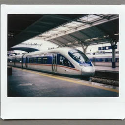 polaroid photo of a retrofuturistic train station