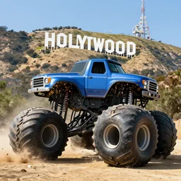 a monster truck smashing through the Hollywood Sign