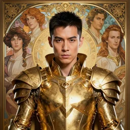 portrait of a handsome cyberpunk mike shinoda wearing a golden armor, beautiful symmetrical face, fantasy, regal, by stanley artgerm lau, greg rutkowski, thomas kindkade, alphonse mucha, loish, norman rockwell.