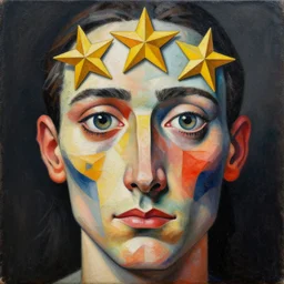 intricate five star twizzler facial portrait by pablo picasso, oil on canvas, hdr, high detail, photo realistic, hyperrealism, matte finish, high contrast, 3 d depth, centered, masterpiece, award - winning, vivid and vibrant colors, enhance light effect, enhanced eye detail, artstationhd