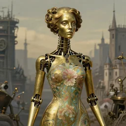 brass semi - mechanical woman, portrait, floral art nouveau dress, art by ardian syaf and moebius, defined features, in steampunk cityscape