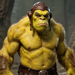 still from lord of the rings of half length portrait of a huge ogre, yellow skin, portayed by elon musk, hairless, leather pilot cap, d & d, high fantasy, by donato giancola, facial detail, extremely detailed, comic book cover photo