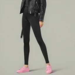 Sideview of Girl in jet black biker jacket, jet black leggins, pink shoes, matte painting, by Albert Aublet, Krenz Cushart, WLOP, Sakimichan