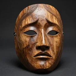 A mask of mixed emotions, carved of rare magical wood, in the style of rebecca guay