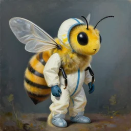 surrealistic painting of a human bee chimera wearing hazmat outfit