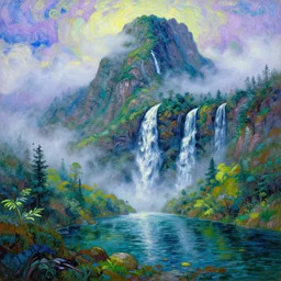 a giant mountain covered in mist, with a waterfall that leads to a lake, highly detailed, oil painting, neon colors, by alard monsma, by vincent van gogh