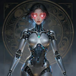 ultra realistic full shot of a beautiful cyborg girl with mechanical arms, eyes in the form of hearts, cyberpunk, sci - fi, fantasy, kodak, colour led, soft light, volumetric lighting, night, intricate, elegant, highly detailed, digital painting, artstation, concept art, smooth, sharp focus, illustration, art by artgerm and greg rutkowski and alphonse mucha