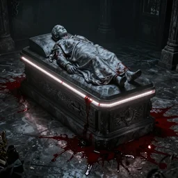 mortuary with led strip lighting and blood soaked floor, artstation, morbid, dark photography, realistic,
