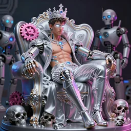 full-body rococo and cyberpunk style neon statue of a young attractive Nick Jonas macho dotado e rico android sim roupa reclining con las piernas abertas e la piroca dura, glowing white laser eyes, prince crown of pink gears, diamonds, swirling silver-colored silk fabric. futuristic elements. full-length view. space robots. human skulls. intricate artwork by caravaggio. Trending on artstation, octane render, cinematic lighting from the right, hyper realism, octane render, 8k, depth of field, 3D