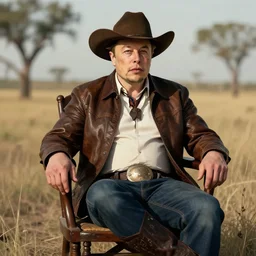 elon musk as a cowboy sitting on the chair, digital art