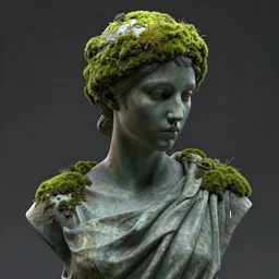 stoic statue wearing a headband made of moss, cyberpunk, aesthetic, naturel, hyper detailed, digital sculpture, trending in artstation, cinematic lighting, studio quality, smooth render, unreal engine 5 rendered, octane rendered, art style by klimt and nixeu and ian sprigger and wlop and krenz cushart