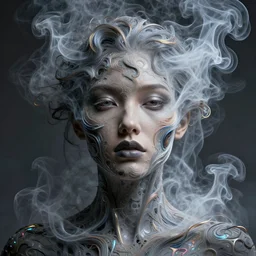 portrait of a woman made of smoke. intricate abstract. intricate artwork. by tooth wu, wlop, beeple, dan mumford. trending on artstation, greg rutkowski very coherent symmetrical artwork. cinematic, hyper realism, high detail, octane render, 8 k, iridescent accents