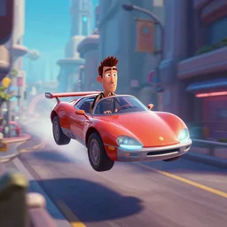 a flying car in a futuristic street view styled like tron uprising animated series, eric canete