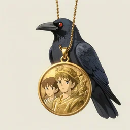 raven holding chain of a gold pendant, detailed, cory loftis, james gilleard, hasui kawase, atey ghailan, makoto shinkai, studio ghibli, rim light, exquisite lighting, clear focus, very coherent, plain background, soft painting