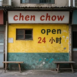 an old and abandoned chinese restaurant with a sign saying chen chow and with a yellow wall mural saying open 2 4 hours