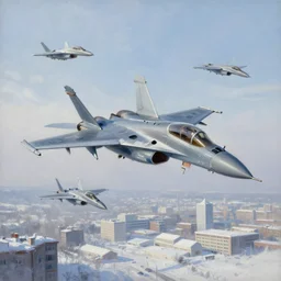 a beautiful painting of several fighter jets flying around the snowy city in the sky, trending on artstation, by anton fadeev
