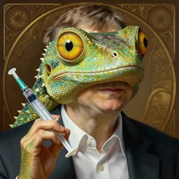 bill gates with reptile eyes!!!, yellow vertical pupills!!!, lizard skin, holding a syringe!!, natural colors, portrait, intricate, elegant, highly detailed, digital painting, artstation, concept art, wallpaper, smooth, sharp focus, illustration, art by h. r. giger and artgerm and greg rutkowski and alphonse mucha