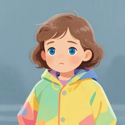 a one year old girl with short wavy curly light brown hair and blue eyes wearing a colorful raincoat in the rain. clean cel shaded vector art by lois van baarle, artgerm, helen huang, by makoto shinkai and ilya kuvshinov, rossdraws, illustration, art by ilya kuvshinov