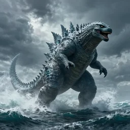 a massive kaiju monster emerging from a stormy ocean, digital matte painting