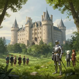 beautiful illustration of a big castle in a serene landscape with a knight standing nearby, by albert bierstadt, green grass, highly detailed, crystal lighting, mystical, forest, hyperrealistic, 4 k, unreal engine, magical, by joe fenton, by greg rutkowski, by greg tocchini, by kaws, by kate beaton, by kaethe butcher