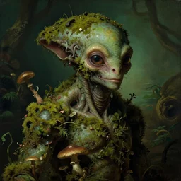 a close - up rococo portrait of an alien creature covered in moss, mushrooms, and swamp, 1 8 th century painting by jean - honore fragonard and moebius. gloomy green environment, blurry organic dark background. sci - fi renaissance masterpiece. artstation