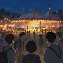 close up group of friends exploring the witchlight carnival, small town exterior outside, big top circus tent, highly detailed, digital painting, concept art, matte, art by ruan jia and wlop and greg rutkowski and makoto shinkai, masterpiece