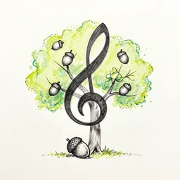 abstract single line thick sharpie drawing, acorn grows to becomes tree in shape of treble clef, splash of color, calm serene, accurate, delicate coloring in sheet