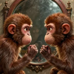 lofi monkey in front of a mirror reflecting anger facial expression of a human face, symmetrical hands, old mirror, Pixar style by Tristan Eaton Stanley Artgerm and Tom Bagshaw, high detail