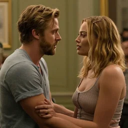 still of ryan gosling and margot robbie, in a muet movie