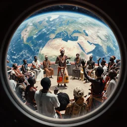 a analogue photo of an African tribal dj performing on spaceship, view of planet earth seen from porthole, wide angle, grungy
